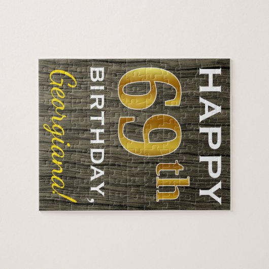 木フェイク、フェイク金ゴールド69誕生日+名前をカスタムする ジグソーパズル (横)