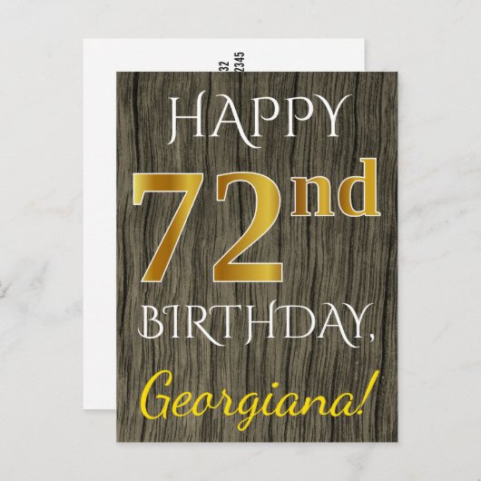 木フェイク、フェイク金ゴールド72番目の誕生日+名前をカスタムする ポストカード (正面/裏面)