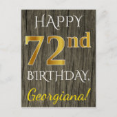 木フェイク、フェイク金ゴールド72番目の誕生日+名前をカスタムする ポストカード (正面)