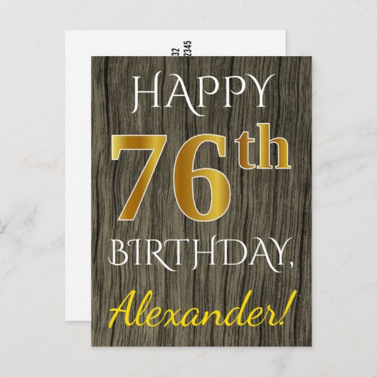 木フェイク、フェイク金ゴールド76番目の誕生日+名前をカスタムする ポストカード (正面/裏面)