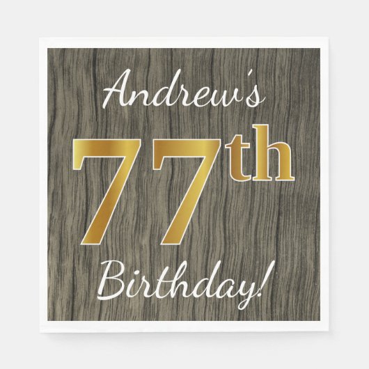 木フェイク、フェイク金ゴールド77誕生日+名前をカスタムする スタンダードランチョンナプキン (正面)