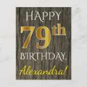 木フェイク、フェイク金ゴールド79誕生日+名前をカスタムする ポストカード (正面)