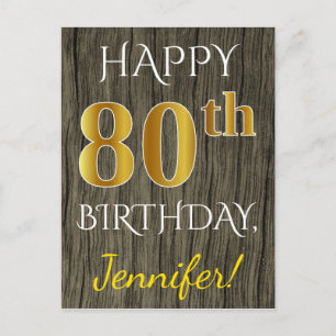 木フェイク、フェイク金ゴールド80番目の誕生日+名前をカスタムする ポストカード