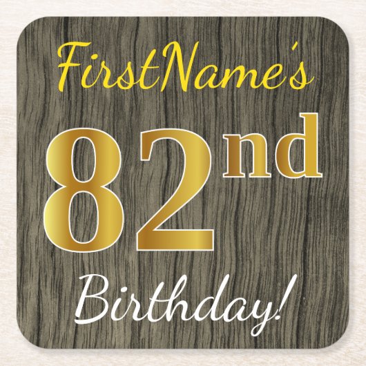 木フェイク、フェイク金ゴールド82番目の誕生日+名前をカスタムする スクエアペーパーコースター (正面)