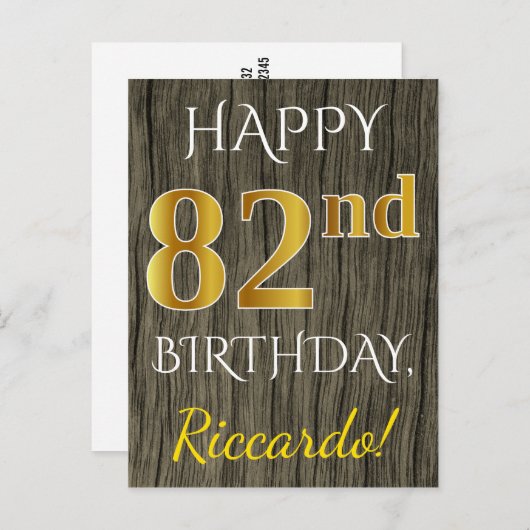 木フェイク、フェイク金ゴールド82番目の誕生日+名前をカスタムする ポストカード (正面/裏面)