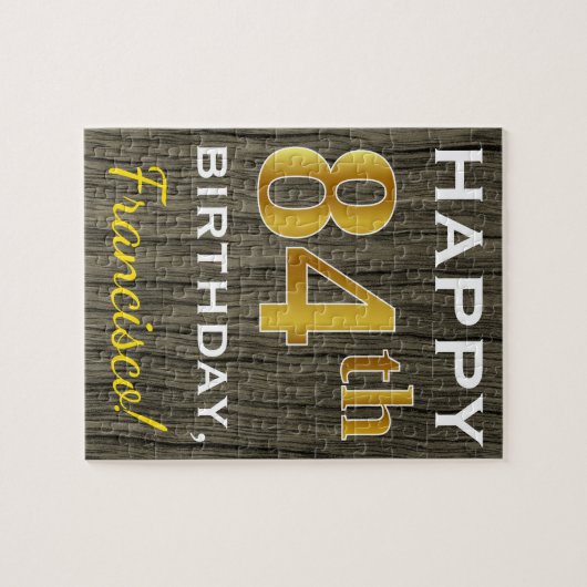 木フェイク、フェイク金ゴールド84番目の誕生日+名前をカスタムする ジグソーパズル (横)