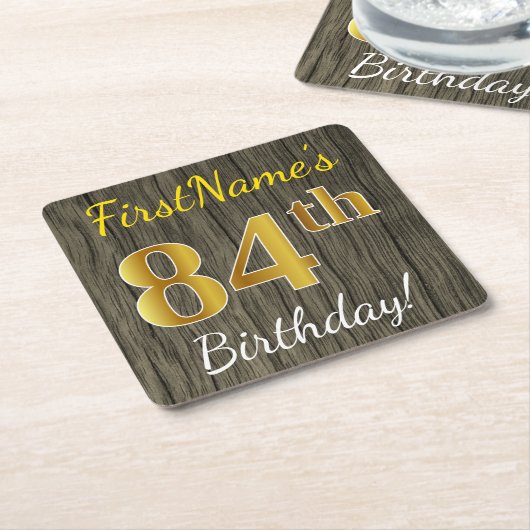 木フェイク、フェイク金ゴールド84番目の誕生日+名前をカスタムする スクエアペーパーコースター (アングル)