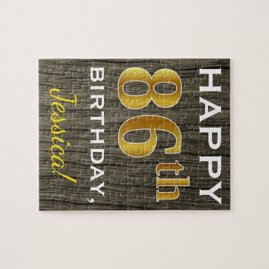 木フェイク、フェイク金ゴールド86番目の誕生日+名前をカスタムする ジグソーパズル (横)