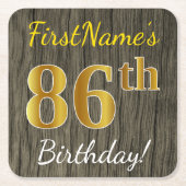木フェイク、フェイク金ゴールド86番目の誕生日+名前をカスタムする スクエアペーパーコースター (正面)