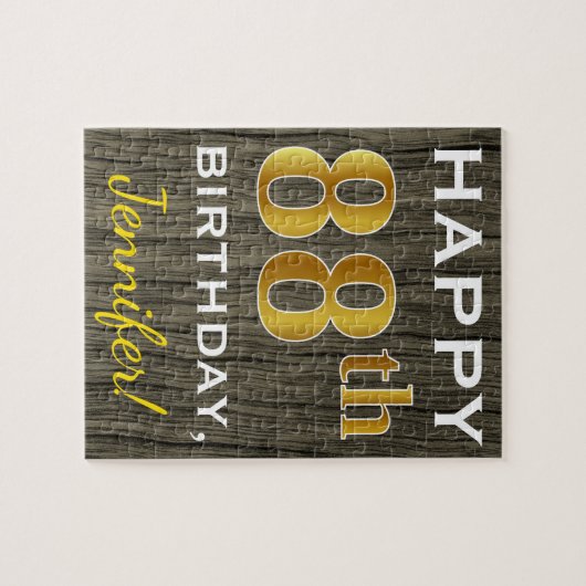 木フェイク、フェイク金ゴールド88誕生日+名前をカスタムする ジグソーパズル (横)