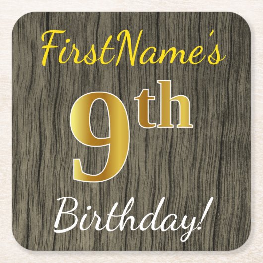 木フェイク、フェイク金ゴールド9番誕生日+名前をカスタムする スクエアペーパーコースター (正面)