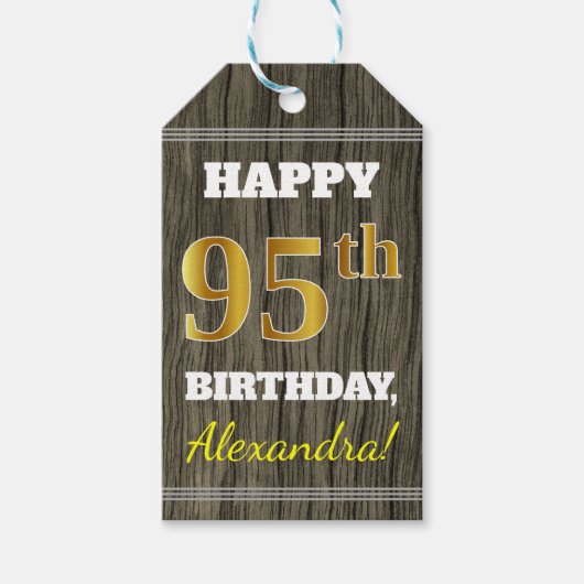 木フェイク、フェイク金ゴールド95誕生日+名前をカスタムする ギフトタグ (正面)
