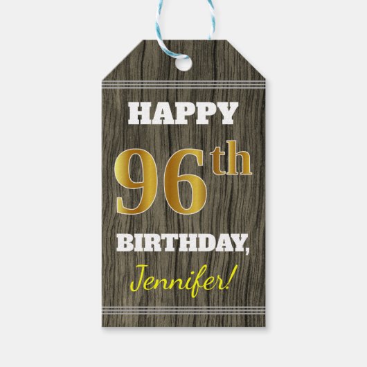木フェイク、フェイク金ゴールド96番目の誕生日+名前をカスタムする ギフトタグ (正面)