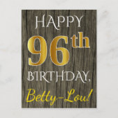木フェイク、フェイク金ゴールド96番目の誕生日+名前をカスタムする ポストカード (正面)