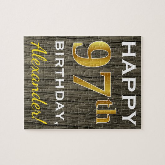 木フェイク、フェイク金ゴールド97誕生日+名前をカスタムする ジグソーパズル (横)