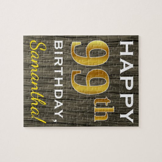 木フェイク、フェイク金ゴールド99誕生日+名前をカスタムする ジグソーパズル (横)