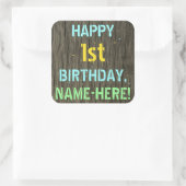 木フェイク、色彩の鮮やか文字ルック、1歳の誕生日+名前 スクエアシール (バッグ)