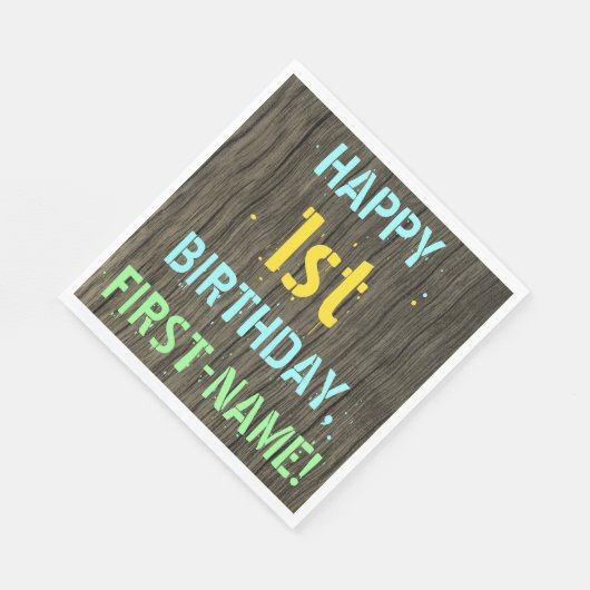 木フェイク、色彩の鮮やか文字ルック、1歳の誕生日+名前 スタンダードランチョンナプキン (角)