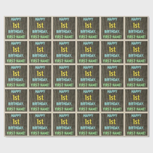 木フェイク、色彩の鮮やか文字ルック、1歳の誕生日+名前 ラッピングペーパー (フラット)