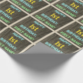 木フェイク、色彩の鮮やか文字ルック、1歳の誕生日+名前 ラッピングペーパー (角)