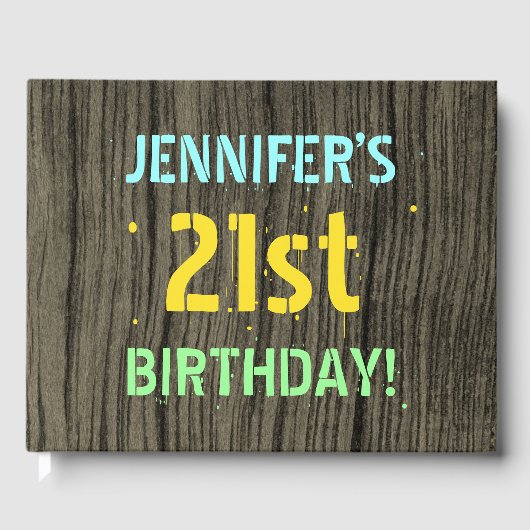 木フェイク、色彩の鮮やか文字ルック、21歳の誕生日+名前 ゲストブック (正面)