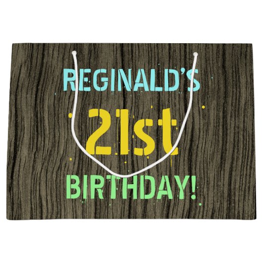 木フェイク、色彩の鮮やか文字ルック、21歳の誕生日+名前 ラージペーパーバッグ (正面)