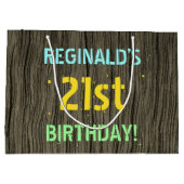 木フェイク、色彩の鮮やか文字ルック、21歳の誕生日+名前 ラージペーパーバッグ (裏面)