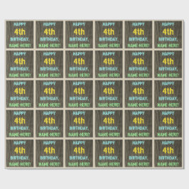 木フェイク、色彩の鮮やか文字ルック、4歳の誕生日+名前 ラッピングペーパー