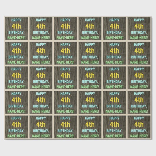 木フェイク、色彩の鮮やか文字ルック、4歳の誕生日+名前 ラッピングペーパー (フラット)
