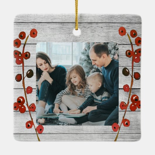 木メリー素朴クリスマス家族の写真の記念品 セラミックオーナメント (裏面)