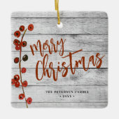 木メリー素朴クリスマス家族の写真の記念品 セラミックオーナメント (正面)