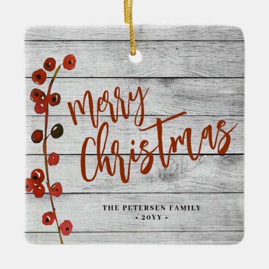 木メリー素朴クリスマス家族の写真の記念品 セラミックオーナメント (正面)