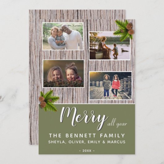 木メリー素朴クリスマス家族4写真コラージュ シーズンカード (正面/裏面)