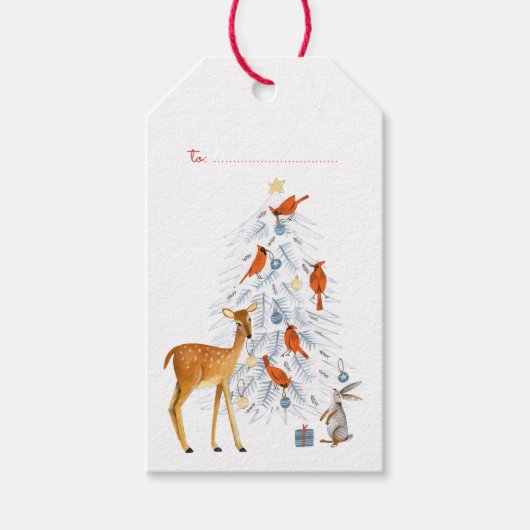 木モダン地の青と赤の動物、木と鳥 ギフトタグ (正面)