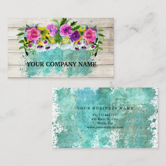 木モダン材フローラターコイズ水色 名刺 (正面/裏面)