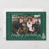 木モダン雪ハッピーホリデーズファミリーフォトグリーン シーズンカード (正面)