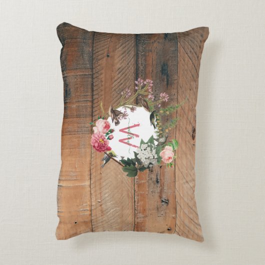 木モノグラムの素朴ヴィンテージ花 アクセントクッション (裏面(縦))