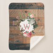 木モノグラムの素朴ヴィンテージ花 シェルパブランケット (正面)