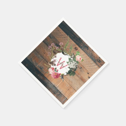 木モノグラムの素朴ヴィンテージ花 スタンダードカクテルナプキン (角)