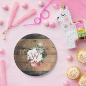 木モノグラムの素朴ヴィンテージ花 ペーパープレート (パーティー)