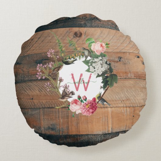 木モノグラムの素朴ヴィンテージ花 ラウンドクッション (裏面)