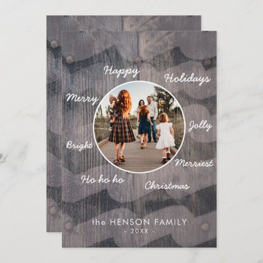 木ユニーク素朴のクリスマス希望の家族の写真 シーズンカード (正面/裏面)