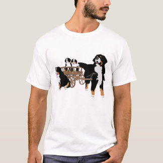木ワゴンが付いているバーニーズ・マウンテン・ドッグ家族 Tシャツ