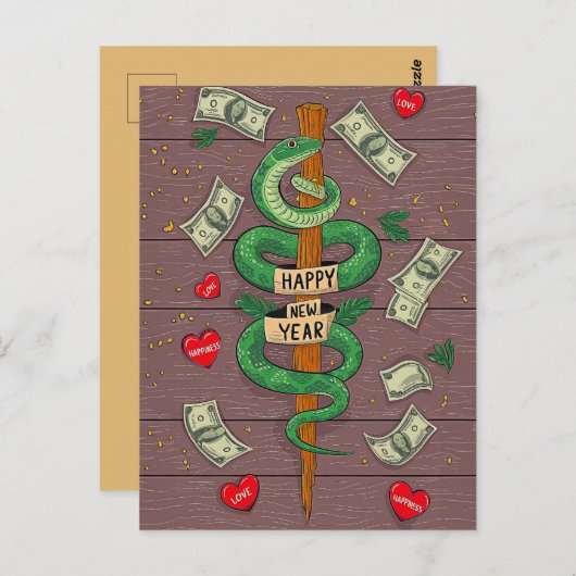 木中国ののヘビ2025のはがきの新年 ポストカード (正面/裏面)