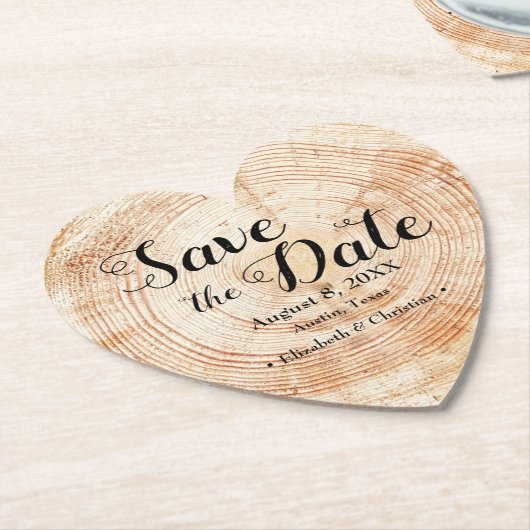 木切りスライス素朴ウェディング日付を保存 ペーパーコースター (アングル)