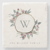 木切りピンクボタニカルモノグラムファミリー名 ストーンコースター (正面)