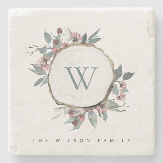 木切りピンクボタニカルモノグラムファミリー名 ストーンコースター (正面)