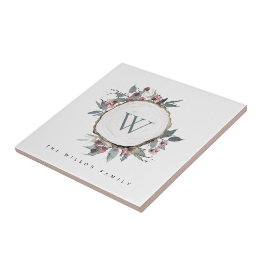 木切りピンクボタニカルモノグラムファミリー名 タイル (側面)