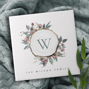 木切りピンクボタニカルモノグラムファミリー名 タイル