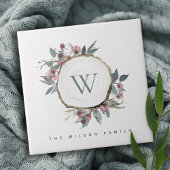 木切りピンクボタニカルモノグラムファミリー名 タイル